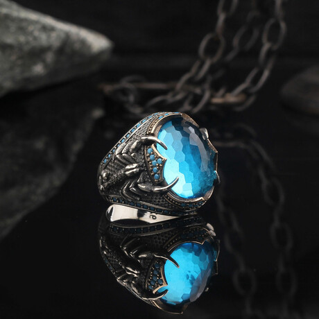 925 Sterling Silver Scorpion Men's Ring with Blue Topaz Stone // Silver + Blue (6.5)