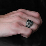925 Sterling Silver Fleur De Lis Black Zircon Stone Men's Ring // Silver + Red (7)