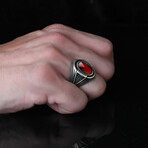 925 Sterling Silver Garnet Stone Men's Ring // Style 4 // Silver + Red (8.5)