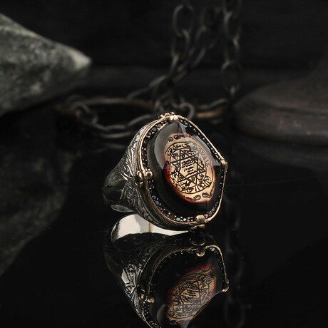 925 Sterling Silver Seal of Solomon Silver Ring with Amber Stone // Style 2 // Silver + Red (6.5)