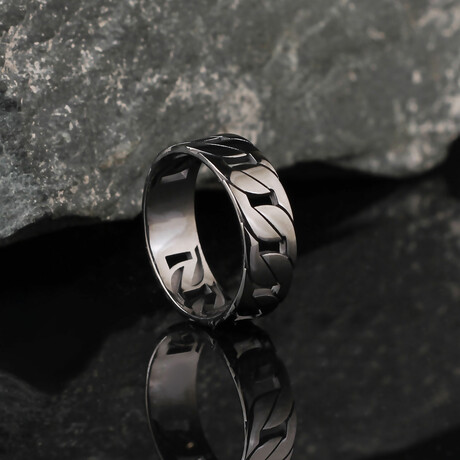 925 Sterling Silver Cuban Chain Men's Ring With Rhodium Plated // Black (6.5)