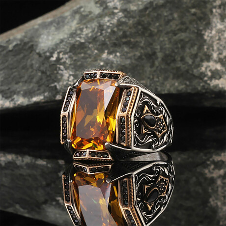 925 Sterling Silver Citrine Stone Men's Ring // Silver + Yellow (6.5)