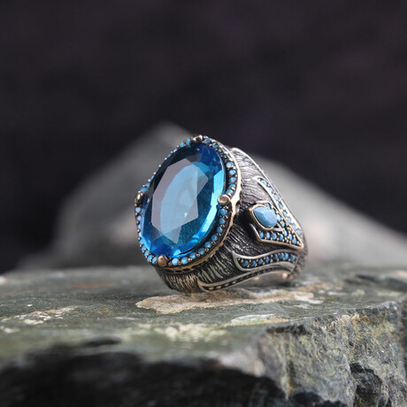 925 Sterling Silver Aquamarine Stone Men's ring // Style 1 // Silver + Blue (6.5)
