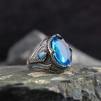 925 Sterling Silver Aquamarine Stone Men's ring // Style 1 // Silver + Blue (9.5)