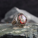 925 Sterling Silver Seal of Solomon Silver Ring with Amber Stone // Style 1 // Silver + Red (7.5)