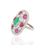 Estate // 18K White Gold Diamond Colombian Emerald Ruby Ring // Ring Size: 6.75 // Pre-Owned