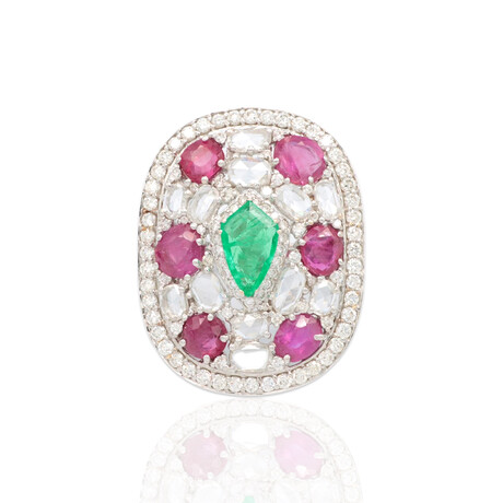Estate // 18K White Gold Diamond Colombian Emerald Ruby Ring // Ring Size: 6.75 // Pre-Owned