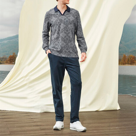 Tyler V-Neck + Trouser Lounge Set // Gray + Blue (S)