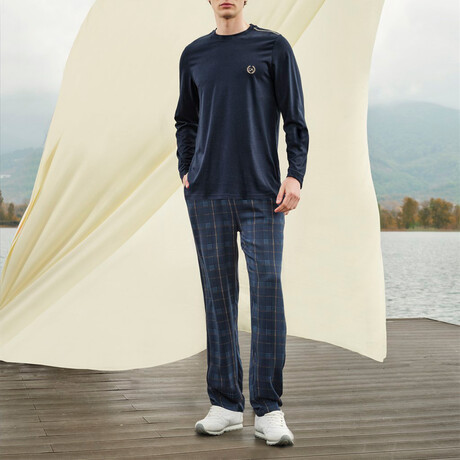 Alex Long Sleeve + Trouser Lounge Set // Navy + Plaid (S)