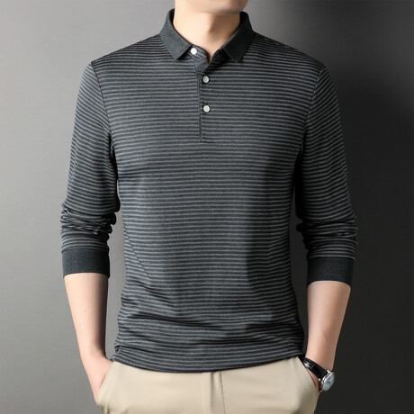 Logan Striped Long Sleeve Polo // Gray (XS)
