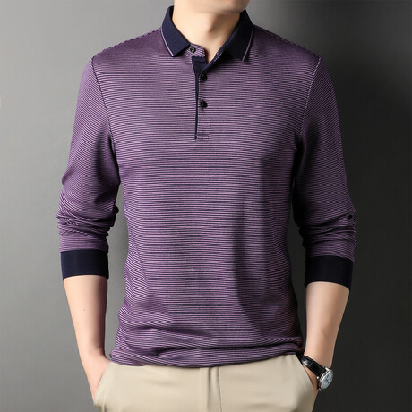 Alvin Striped Long Sleeve Polo // Purple (XS)