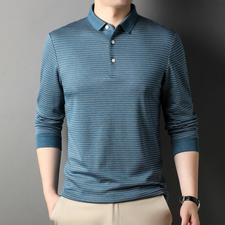Logan Striped Long Sleeve Polo // Blue (XS)