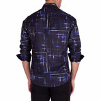 Abstract Lines Long Sleeve Button-Up Shirt // Black + Blue (S)