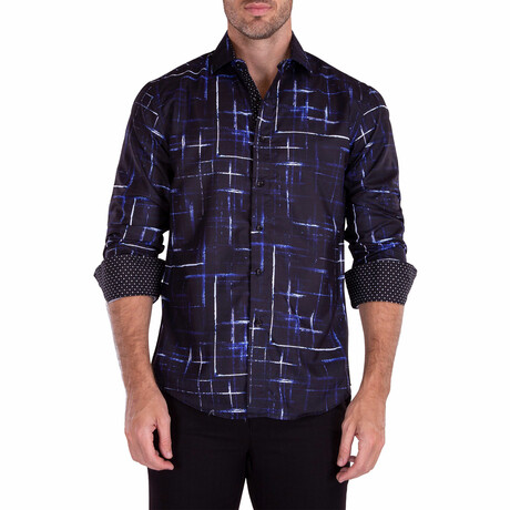Abstract Lines Long Sleeve Button-Up Shirt // Black + Blue (S)