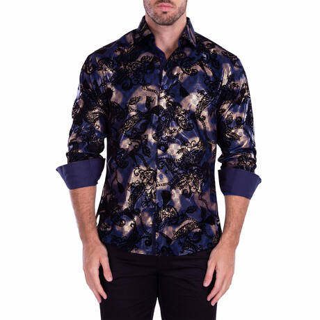 Velvet Paisley + Metallic Geo Print Long Sleeve Button-Up Shirt // Navy (XS)