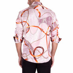 Baroque Motif + Silk Texture Long Sleeve Button-Up Shirt // Pink (XL)