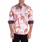 Baroque Motif + Silk Texture Long Sleeve Button-Up Shirt // Pink (3XL)