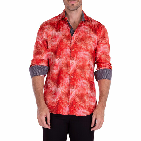 Subtle Fog Paisley + Silk Texture Long Sleeve Button-Up Shirt // Red (XS)