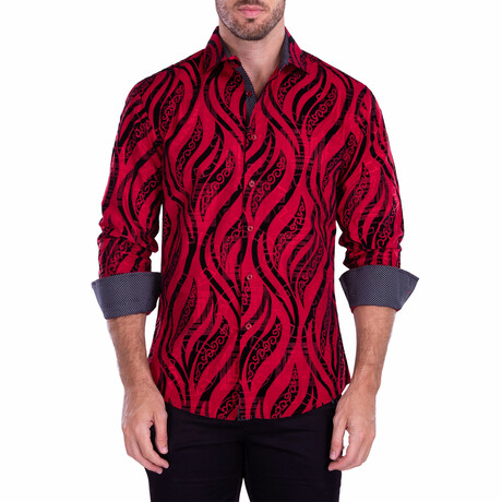 Greek Maze Print Long Sleeve Button-Up Shirt // Red (XS)