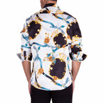 Baroque Motif + Silk Texture Long Sleeve Button-Up Shirt // White (2XL)