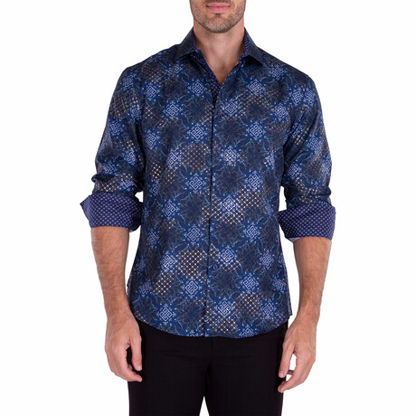 Golden Web Print Long Sleeve Button-Up Shirt // Navy (XS)