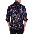 Velvet Paisley + Metallic Geo Print Long Sleeve Button-Up Shirt // Navy (XL)