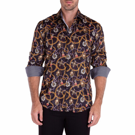 Baroque Chain + Jewel Print Long Sleeve Button-Up Shirt // Black (XS)