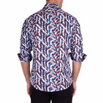 Abstract Glacial Print Long Sleeve Button-Up Shirt // Blue + White + Red (3XL)