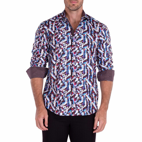 Abstract Glacial Print Long Sleeve Button-Up Shirt // Blue + White + Red (XS)