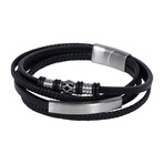 Multi Layer Black Leather Bracelet + Name Plate // 8" + 0.5" Extension