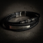Multi Layer Black Leather Bracelet + Name Plate // 8" + 0.5" Extension