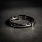 Multi Layer Wheat Chain Black Leather Bracelet // 8" + 0.5" Extension