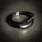 Multi Layer Black Leather Bracelet + Name Plate // 8" + 0.5" Extension