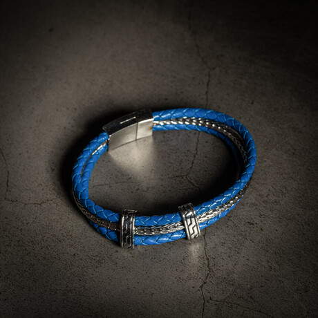Multi Layer Wheat Chain Blue Leather Bracelet // 8" + 0.5" Extension