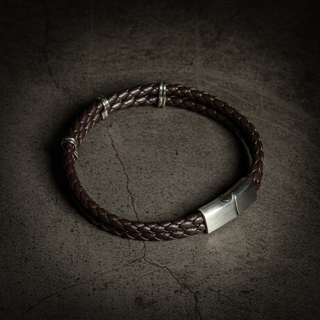 Double Row Brown Leather Bracelet // 8"