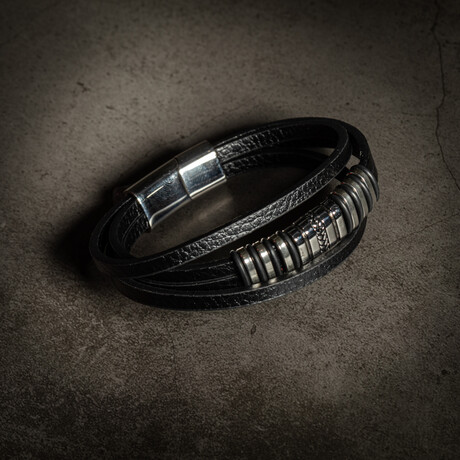 Triple Layer Leather Black Bracelet // 8" + 0.5" Extension