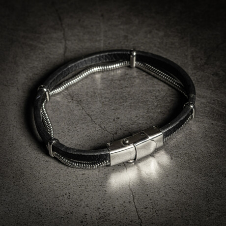 4 Layer Black Leather Stack Bracelet // 8" + 0.5" Extension