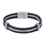 Multi Layer Wheat Chain Black Leather Bracelet // 8" + 0.5" Extension