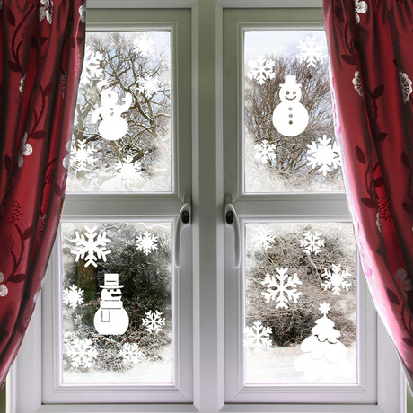 Snowflake, Snowmen and Fir Tree Electrostatic Shiny Christmas Stickers // 30 Pieces