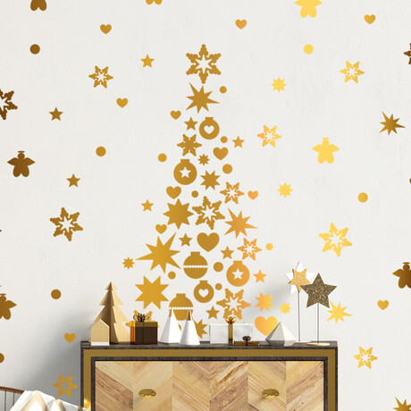Golden Christmas Tree and Stars Christmas Wall Sticker (40.95"H x 17.55"W x 0.001"D)