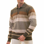 0372 Regular Fit Neck Button Striped Sweater // Beige + Brown (L)