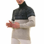 0379 Tailor Fit Turtleneck Blue Navy Chest Detailed Sweater // Beige (XL)