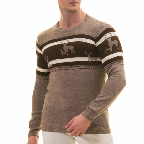 0367 Tailor Fit Crewneck Deer Motif Sweater // Beige + Brown + White (M)