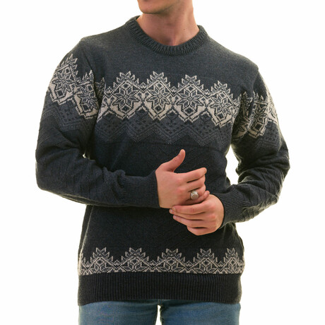 0363 Tailor Fit Crewneck Snowflake Motif Sweater // Blue + Gray (L)