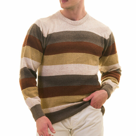 0370 Regular Fit Crewneck Striped Sweater // Beige + Brown + Mustard (M)