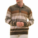 0372 Regular Fit Neck Button Striped Sweater // Beige + Brown (L)