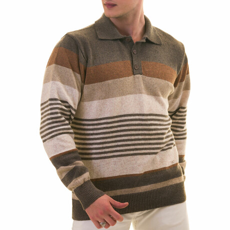 0372 Regular Fit Neck Button Striped Sweater // Beige + Brown (L)