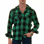 Checkered Pattern Hooded Flannel // Black + Green (S)