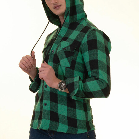 Checkered Pattern Hooded Flannel // Black + Green (XS)