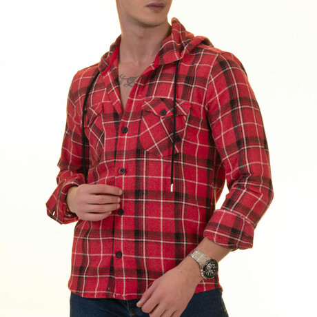 Small Plaid Hooded Flannel // Red + Black + White (XS)